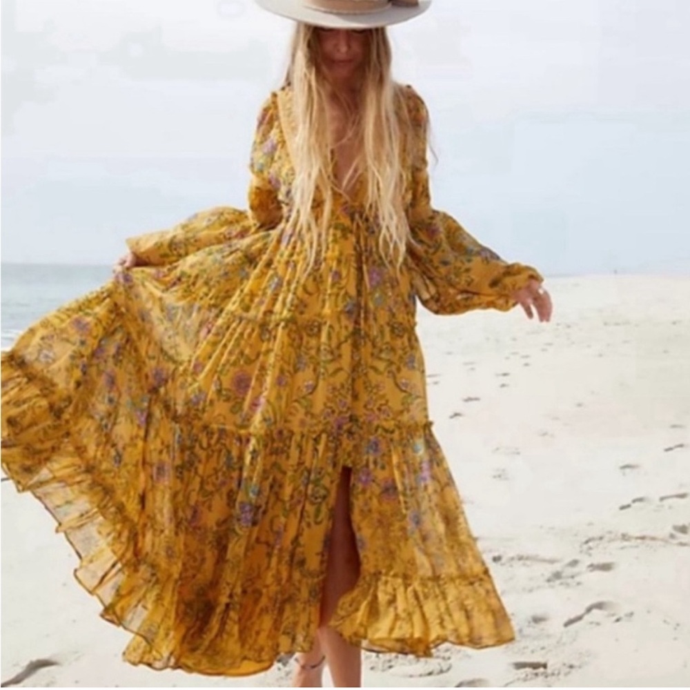 Free People Dress Cassis Midi Maxi Floral Lace Tiered Lined Boho Mustard Yellow